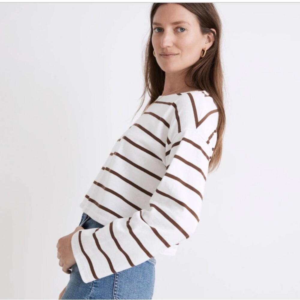 Madewell Striped SuperCrop Long Sleeve in Forage white brown top